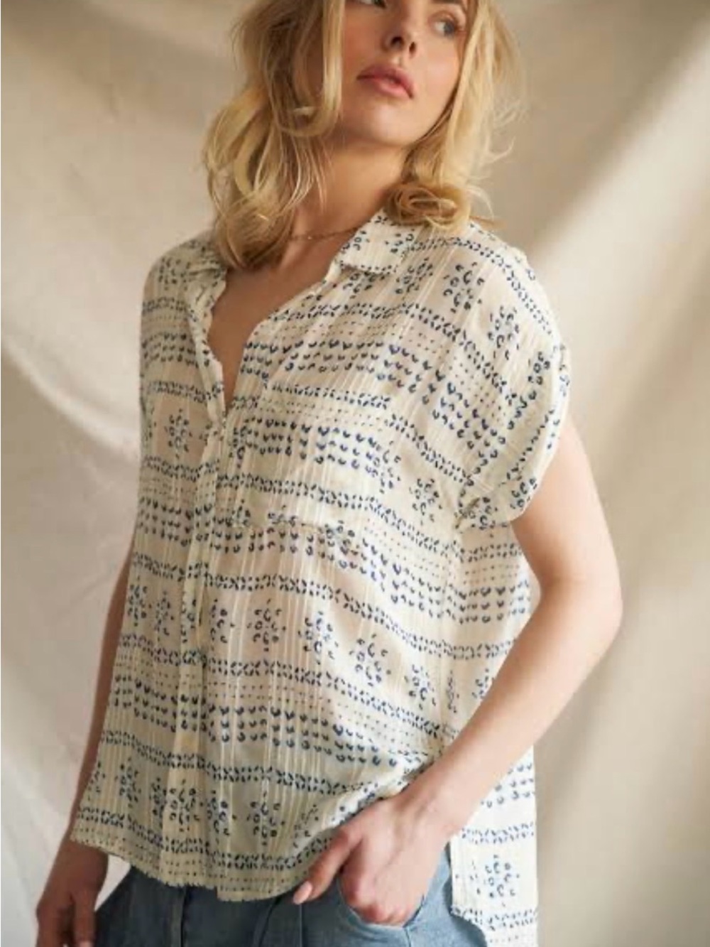 Siwa Blouse Women’s Ivory Navy Short-Sleeve Blouse cottagecore beach boho Buckle